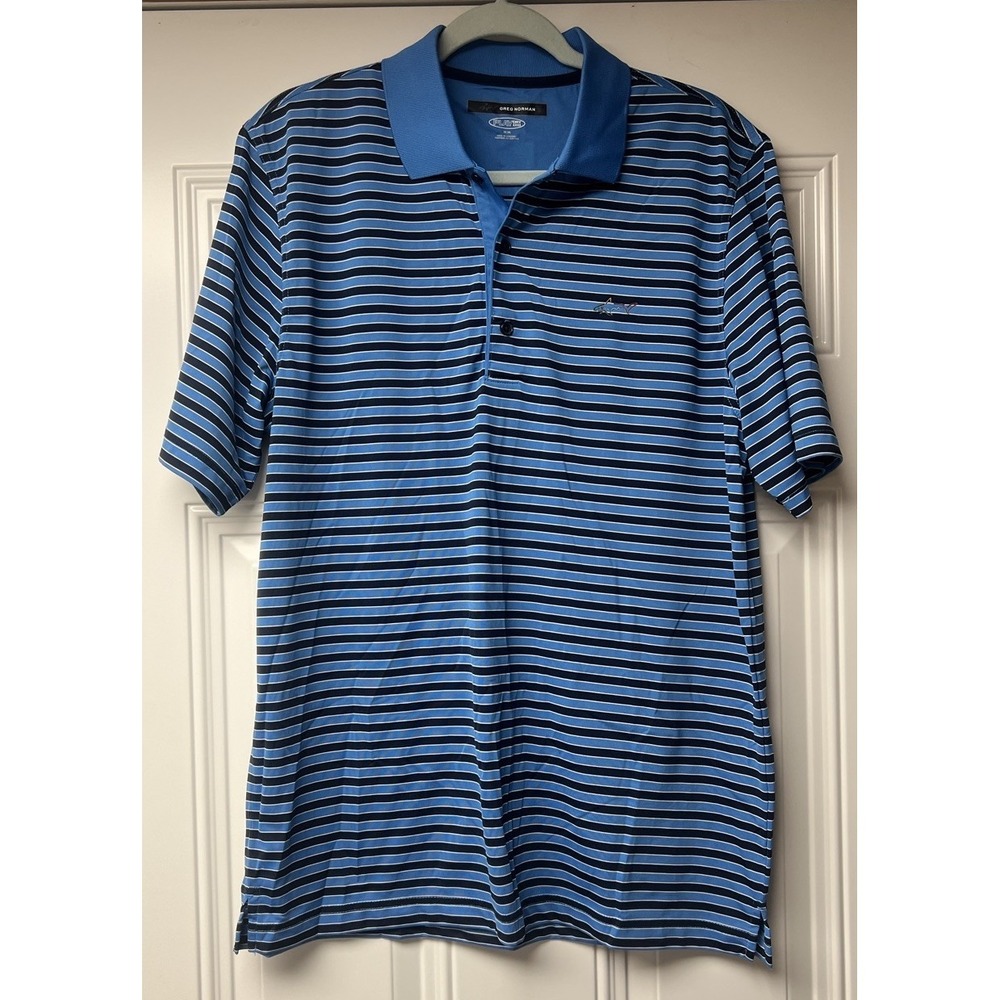 Greg Norman Play Dry Men's M Striped Polo Shirt  Blue Black Golf Activewear
